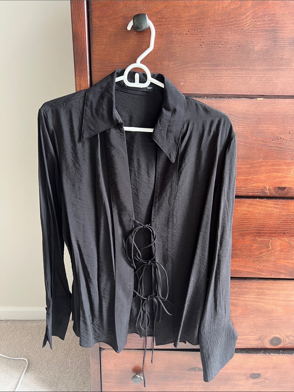 Mango Black Lace-Up Buttonless Long Sleeve Shirt